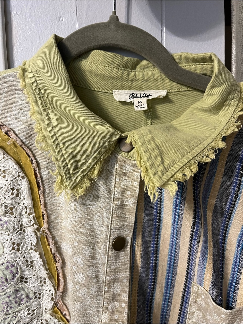 Patchwork Button-Up Shirt with Frayed Olive Collar